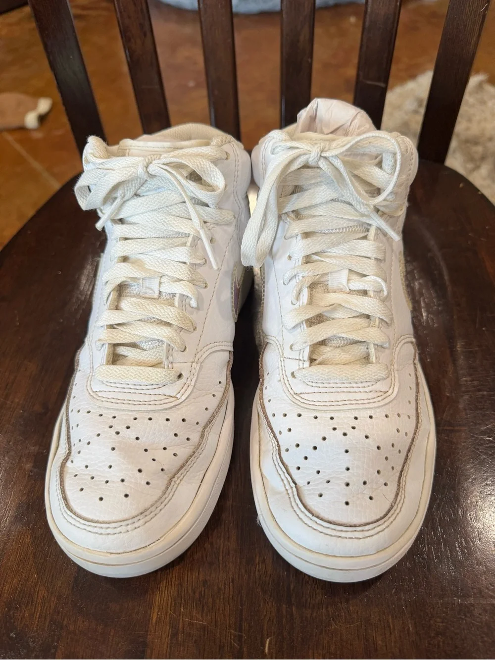Nike White High-Top Sneakers with Holographic Swoosh (5.5 Y/7 W)